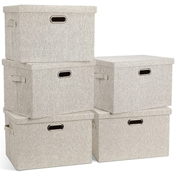 Graciadeco Large 17" 36 Quart Collapsible Stackable Storage Bins with Lids, 5 Packs Beige Linen Fabr...