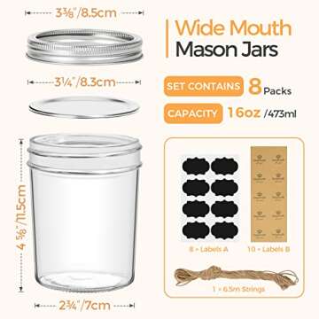 ComSaf Wide Mouth Mason Jars 16 oz - 8 Pack, Pint Glass Jars with Lids and Seal Bands, Canning Jars ...