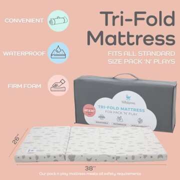 Waterproof Pack and Play Mattress Topper | 38" x 26" x 1.5" | Trifold Style - Breathable Soft Plush ...