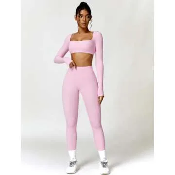 ABOCIW Womens 2 Piece Workout Sets Long Sleeve Square Neck Padded Gym Yoga Workout Crop T Shirt Top Scrunch Butt Lifting High Waist Leggings Z-Pink Small