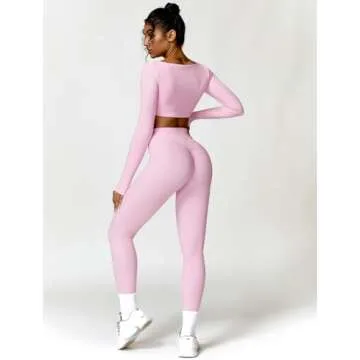 ABOCIW Womens 2 Piece Workout Sets Long Sleeve Square Neck Padded Gym Yoga Workout Crop T Shirt Top Scrunch Butt Lifting High Waist Leggings Z-Pink Small