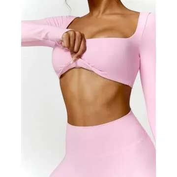 ABOCIW Womens 2 Piece Workout Sets Long Sleeve Square Neck Padded Gym Yoga Workout Crop T Shirt Top Scrunch Butt Lifting High Waist Leggings Z-Pink Small