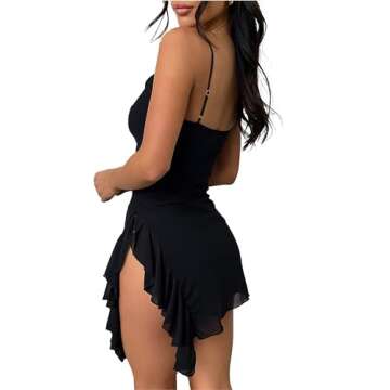 HYPERFIRE Women's Sexy Side Slit Ruffle Hem Mesh Mini Dress Sleeveless Spaghetti Strap Short Dresses Black Small