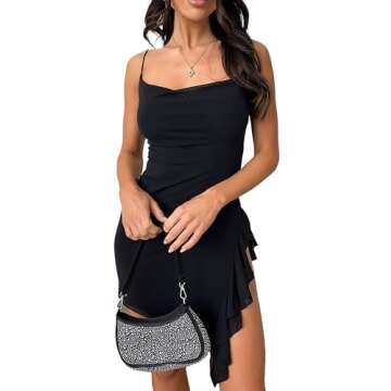 HYPERFIRE Women's Sexy Side Slit Ruffle Hem Mesh Mini Dress Sleeveless Spaghetti Strap Short Dresses Black Small