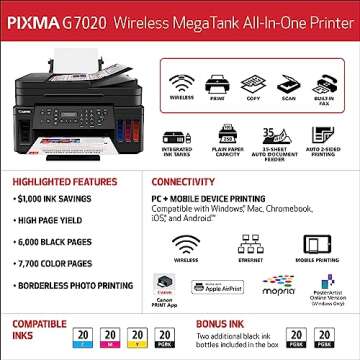 Canon G7020 All-in-One Printer Home Office | Wireless Supertank (Megatank) Printer | Copier | Scan, | Fax and ADF with Mobile Printing, Black, Works with Alexa