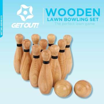 Get Out! Wooden Bowling Set - 12pc Lawn Bowling and Skittle Ball Games for Children and Adult Fun