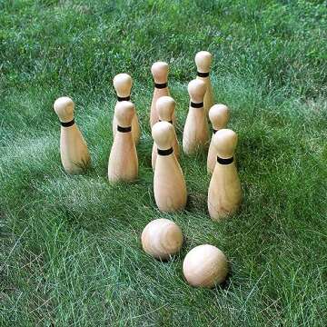 Get Out! Wooden Bowling Set - 12pc Lawn Bowling and Skittle Ball Games for Children and Adult Fun