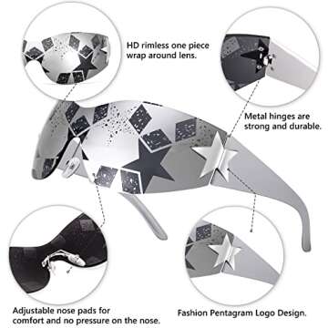 FEISEDY Y2K Sunglasses for Women Men 2000s Fashion Rimless Wrap Around Frameless Star Sun Glasses B9090