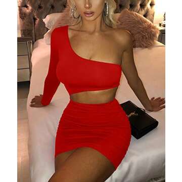 GOBLES Women's Sexy Off The Shoulder One Sleeve Cut Out Ruched Mini Party Club Dress Red