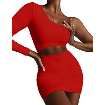 GOBLES Women's Sexy Off The Shoulder One Sleeve Cut Out Ruched Mini Party Club Dress Red