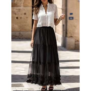 kydely Tulle Skirts for Women Long Pleated Maxi Skirt High Elastic Waist A Line Full Ankle Length Sk...