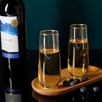 FOCUSLINE 24 Pack 9 Oz Plastic Stemless Gold Rim Champagne Flutes, Heavy Duty, Shatterproof, Disposa...