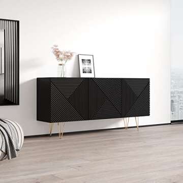 Meble Furniture Giza 3D 63" Sideboard - Modern & Stylish Rectangular Sideboard Table with Three Doors - Durable Engineered Wood Sideboard for Living Room or Dining Area - Black