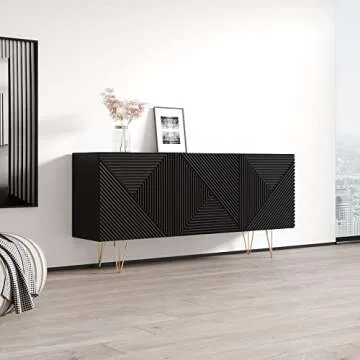 Meble Furniture Giza 3D 63" Sideboard - Modern & Stylish Rectangular Sideboard Table with Three Doors - Durable Engineered Wood Sideboard for Living Room or Dining Area - Black