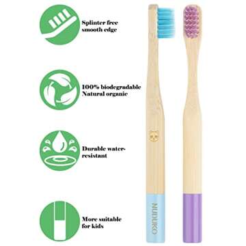 NUDUKO Bamboo Kids Toothbrushes (6 Pack) - Soft Bristle Organic Compostable BPA Free Toothbrush for ...