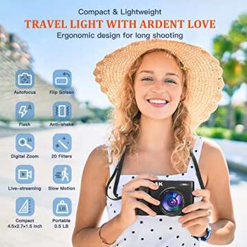 4K Digital Camera for Photography and Video Autofocus 48MP Vlogging Camera for YouTube with SD Card 3” Flip Screen Flash 16x Zoom Anti-Shake Travel Camera 2 Batteries|Battery Charger for Beginner