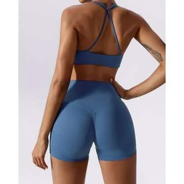 ABOCIW Workout Sets for Women 2 Piece Twist Front Cross Back Sports Bras Halter Yoga Bra Tummy Control High Waist Booty Biker Shorts Exercise Gym Sets Navy Blue Medium