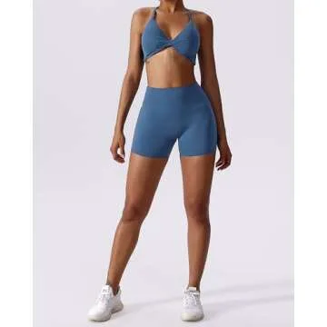 ABOCIW Workout Sets for Women 2 Piece Twist Front Cross Back Sports Bras Halter Yoga Bra Tummy Control High Waist Booty Biker Shorts Exercise Gym Sets Navy Blue Medium