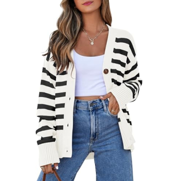 EVALESS Womens Striped Christmas Cardigan Sweaters Fashion 2024 Fall Winter Long Sleeve V Neck Light...