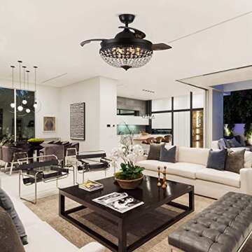 Parrot Uncle Ceiling Fans with Lights and Remote Black Retractable Ceiling Fan for Bedroom Crystal Chandelier Ceiling Fans, 42 Inch