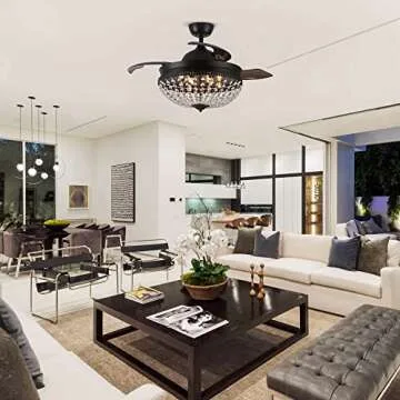 Parrot Uncle Ceiling Fans with Lights and Remote Black Retractable Ceiling Fan for Bedroom Crystal Chandelier Ceiling Fans, 42 Inch