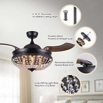 Parrot Uncle Ceiling Fans with Lights and Remote Black Retractable Ceiling Fan for Bedroom Crystal Chandelier Ceiling Fans, 42 Inch
