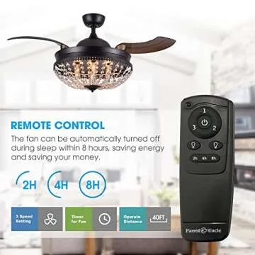 Parrot Uncle Ceiling Fans with Lights and Remote Black Retractable Ceiling Fan for Bedroom Crystal Chandelier Ceiling Fans, 42 Inch
