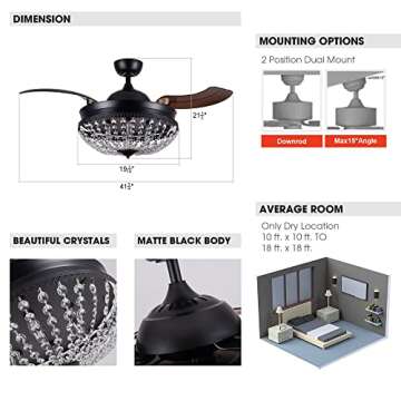 Parrot Uncle Ceiling Fans with Lights and Remote Black Retractable Ceiling Fan for Bedroom Crystal Chandelier Ceiling Fans, 42 Inch