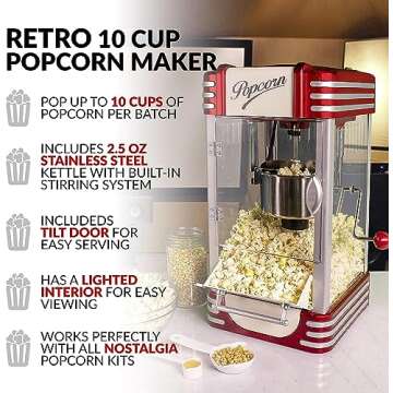 Nostalgia Popcorn Maker, 2.5 Oz Kettle Makes 10 Cups, Retro Classic Popcorn Machine with Interior Li...