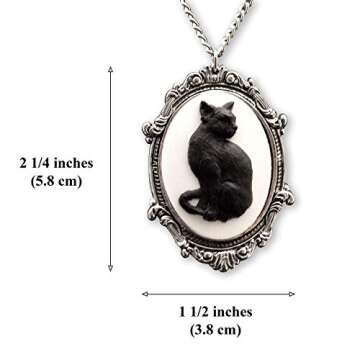 Real Metal Black Cat Cameo in Antique Silver Finish Pewter Frame Pendant Necklace