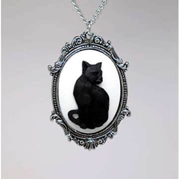 Real Metal Black Cat Cameo in Antique Silver Finish Pewter Frame Pendant Necklace