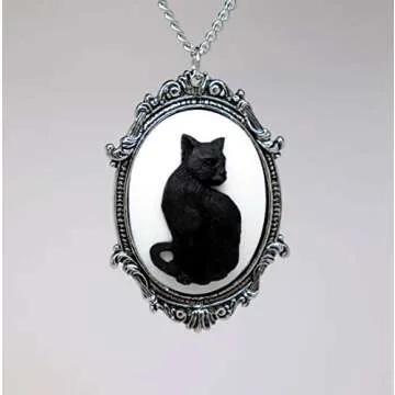 Real Metal Black Cat Cameo in Antique Silver Finish Pewter Frame Pendant Necklace
