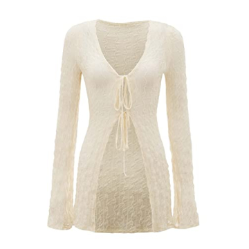 Verdusa Women's 90s Top Bell Sleeve Tie Front Sheer Cardigan in Beige - XL