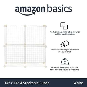 Amazon Basics 4 Cube Storage Organizer - Wire Grid Closet and Storage Shelves, Stackable, White 14"x14"x14"