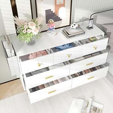 Fushimuma White Dresser for Bedroom, 7 Drawer Dresser with Charging Station, Wood Chest of Drawers w...