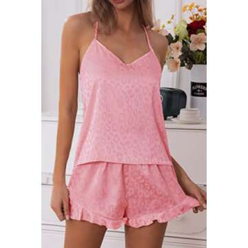 CHYRII Women's Sexy Ruffled Pajamas for Women Cami Tops Shorts Two Piece Silk PJS Sleepwear Pink Leopard L