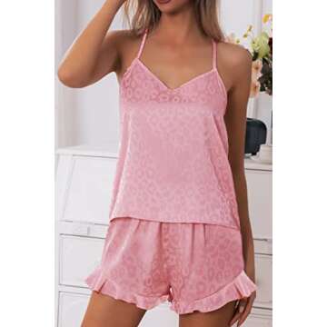 CHYRII Women's Sexy Ruffled Pajamas for Women Cami Tops Shorts Two Piece Silk PJS Sleepwear Pink Leopard L