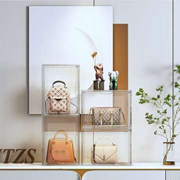 ORGIDOL Clear Handbag Storage Organizer, 3 Packs Acrylic Display Case for Handbag/Purse Organizer for Closet, Stackable Purse Display Boxes with Magnetic Door for Collectibles, Wallet, Toys