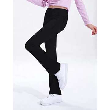 Leggings for Girls Size 14-16 Years Old Black High Waist Cross Bootleg Pants with 2 Pockets Warm for Teens Fitness Jog