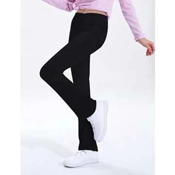 Leggings for Girls Size 14-16 Years Old Black High Waist Cross Bootleg Pants with 2 Pockets Warm for Teens Fitness Jog