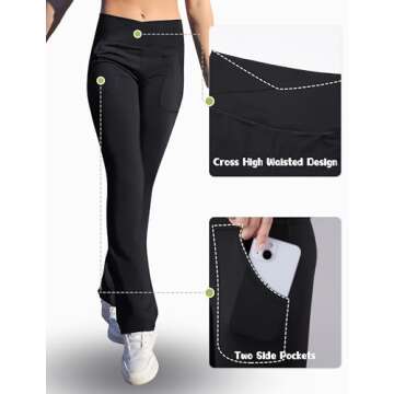 Leggings for Girls Size 14-16 Years Old Black High Waist Cross Bootleg Pants with 2 Pockets Warm for Teens Fitness Jog