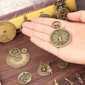 BigOtters 0.4LB Gear Charms Bulk, 200g Antique Steampunk Accessories Alloy Pendants Charms Metal Clock Face Charms for DIY Crafting Jewelry Making