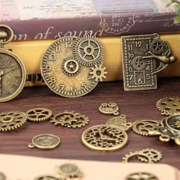 BigOtters 0.4LB Gear Charms Bulk, 200g Antique Steampunk Accessories Alloy Pendants Charms Metal Clock Face Charms for DIY Crafting Jewelry Making