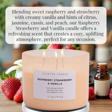 Raspberry Strawberry Vanilla Candle | Large 3 Wick Highly Scented Candle for Home | Natural Soy Cand...