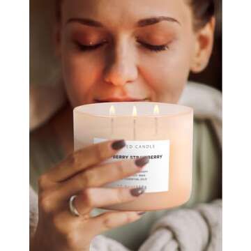 Raspberry Strawberry Vanilla Candle | Large 3 Wick Highly Scented Candle for Home | Natural Soy Candle | Refreshing Aromatherapy Candle Gift 15.8 oz | Long Lasting Relaxing Candle for Women & Men