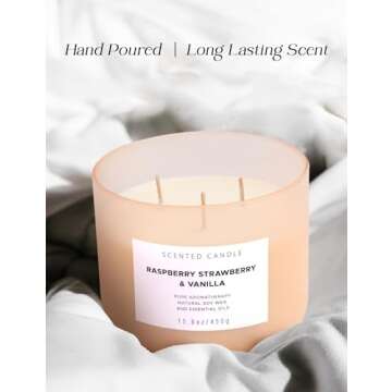 Raspberry Strawberry Vanilla Candle | Large 3 Wick Highly Scented Candle for Home | Natural Soy Candle | Refreshing Aromatherapy Candle Gift 15.8 oz | Long Lasting Relaxing Candle for Women & Men