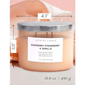 Raspberry Strawberry Vanilla Candle | Large 3 Wick Highly Scented Candle for Home | Natural Soy Candle | Refreshing Aromatherapy Candle Gift 15.8 oz | Long Lasting Relaxing Candle for Women & Men