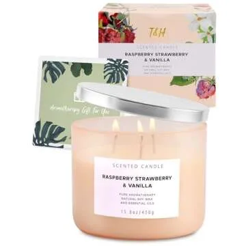 Raspberry Strawberry Vanilla Candle | Large 3 Wick Highly Scented Candle for Home | Natural Soy Candle | Refreshing Aromatherapy Candle Gift 15.8 oz | Long Lasting Relaxing Candle for Women & Men