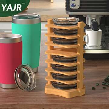 YAJR Tumbler Lid Organizer, Bamboo Cup Lid Organizer for Cabinet, Water Bottle Lid Organizer, Vertical Lid Storage Organization for Kitchen Countertop/Cupboard