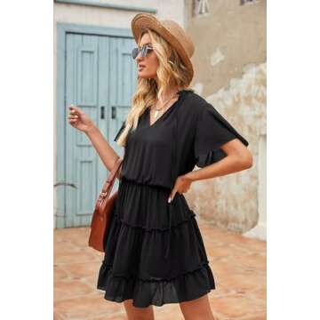Dokotoo Womens Cute Spring Summer Casual Sexy Deep V Neck Ruffle Chiffon Lantern Short Sleeve Elegant Empire Waist Flowy Mini Short Skirt Dresses for Women Party 2025 Black US 8 10